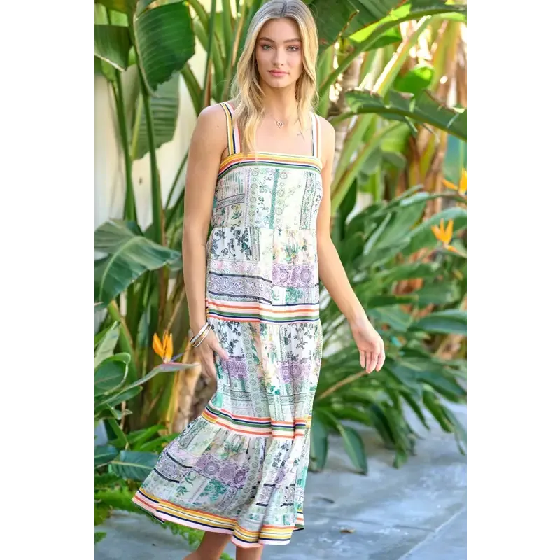 PRINTED SQUARE NECK MIDI DRESS