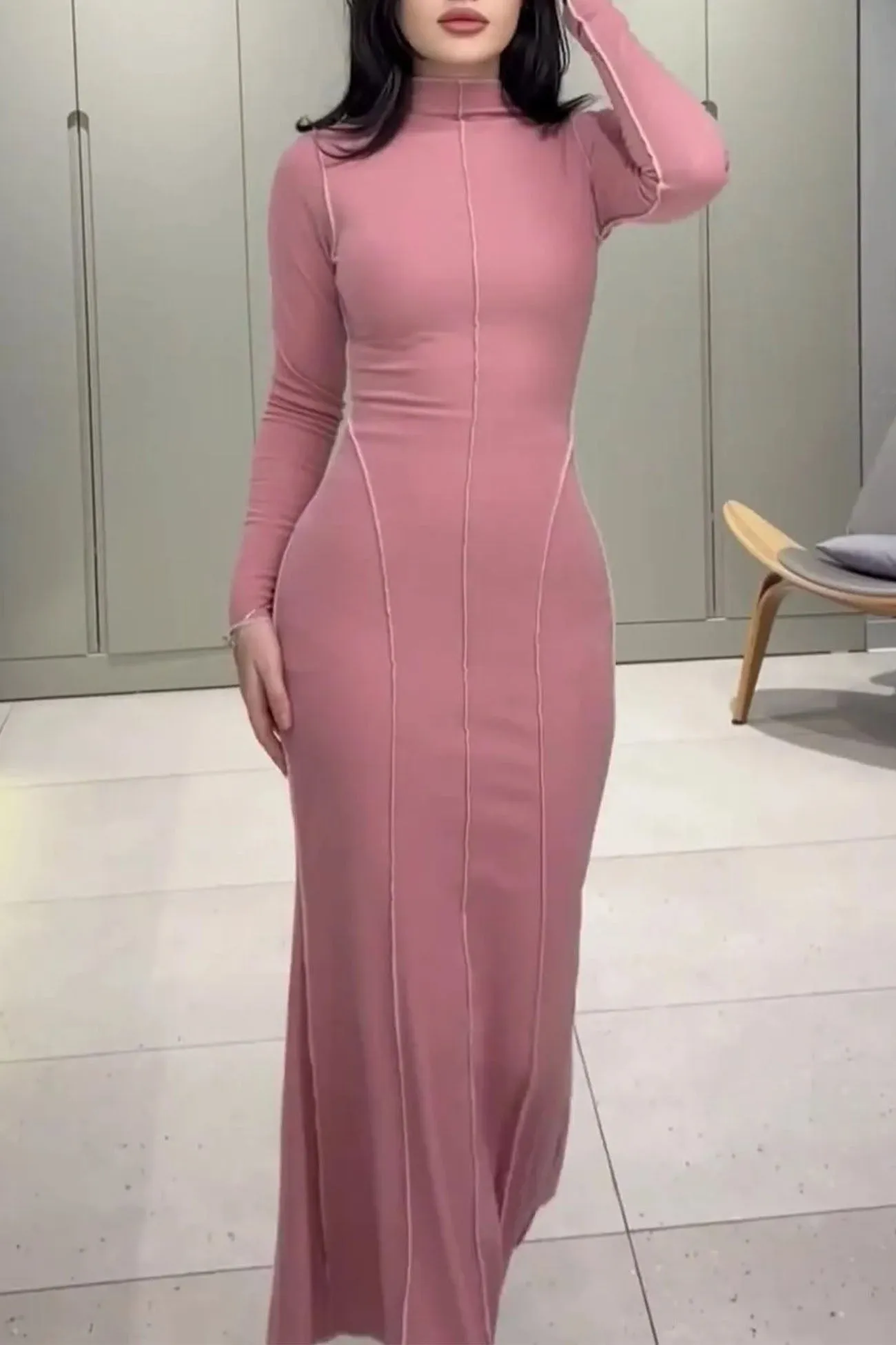 Solid Color Mock Neck Midi Dress