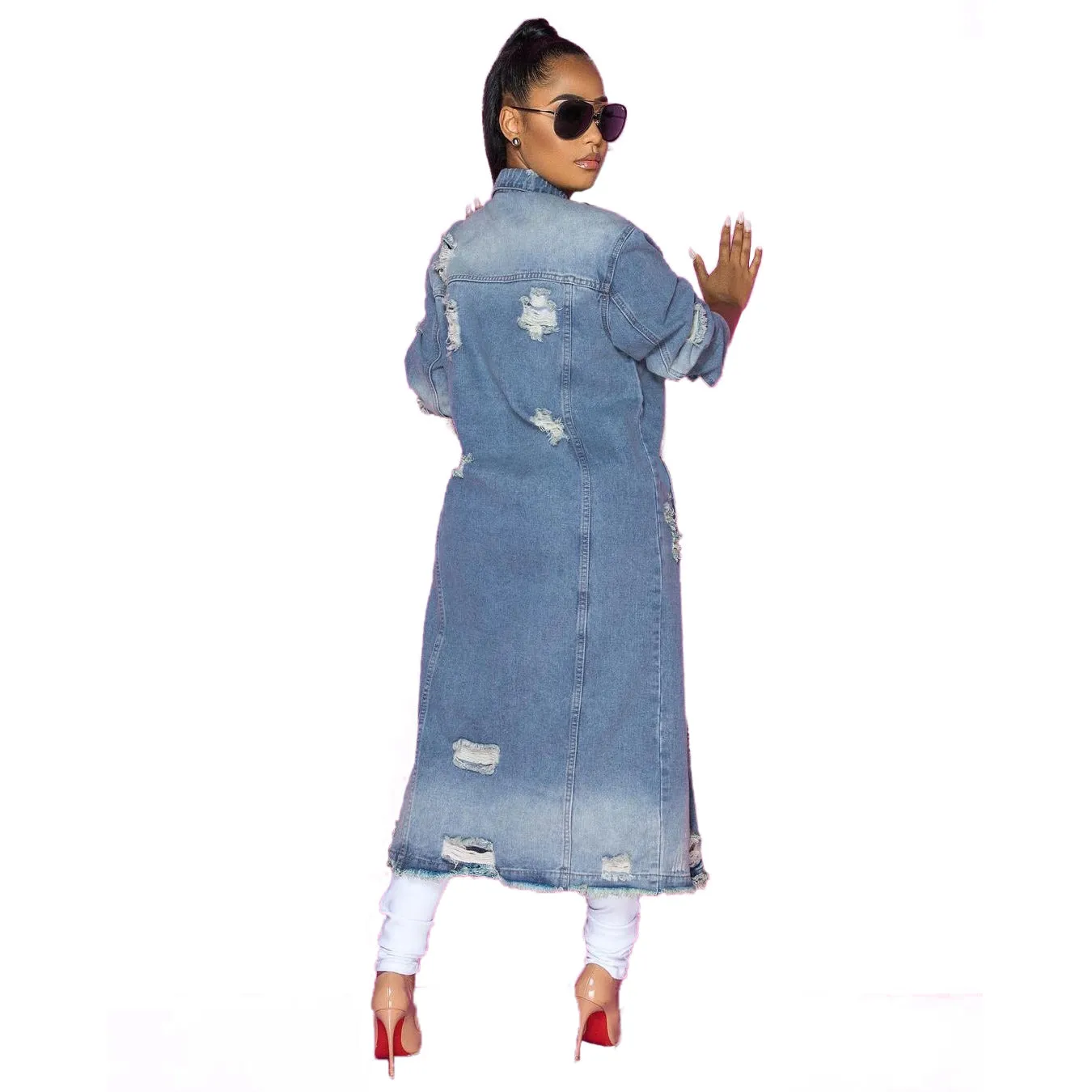 Women's Fashion Ripped Long Sleeves Denim Cloak Coats