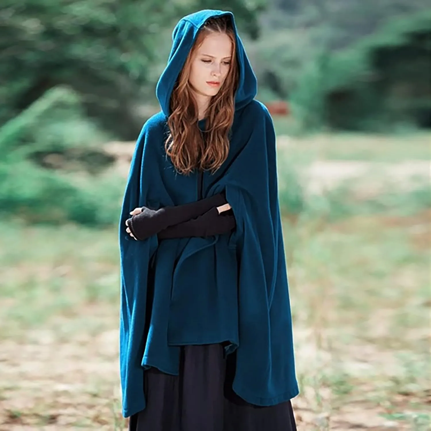 Women's Wool Blend Hooded Cape Mid-Length Cloak Pea Coats Winter Open Front Cardigans Vintage Trench Outwear